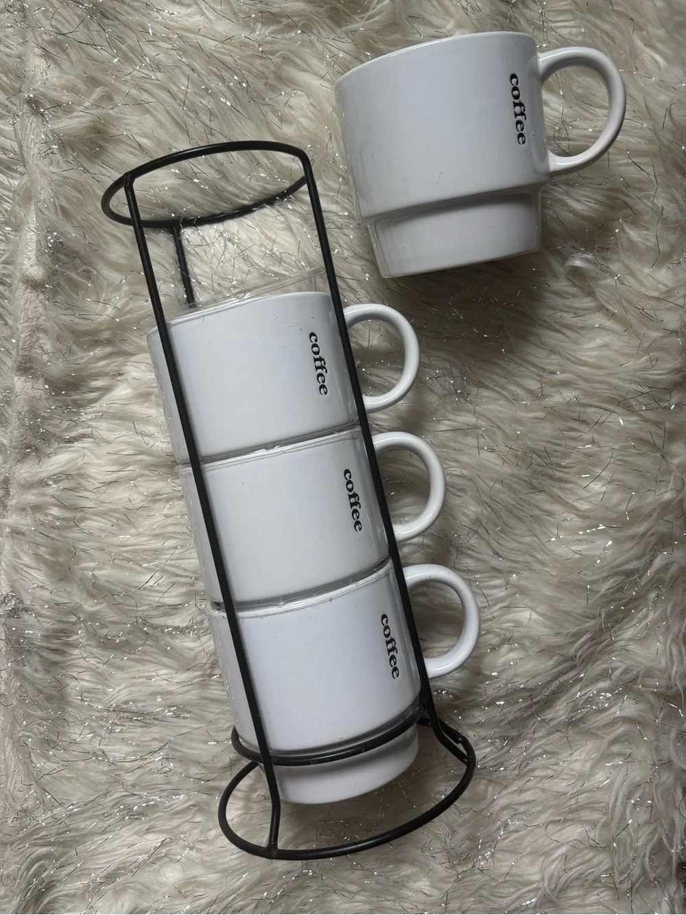 Coffee Break Signature White 'coffee' Mugs Set with Black Metal Rack